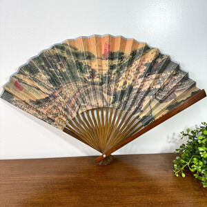 Vintage Chinese Folding Fan Qingming Festival Scene Calligraphy Wood Paper